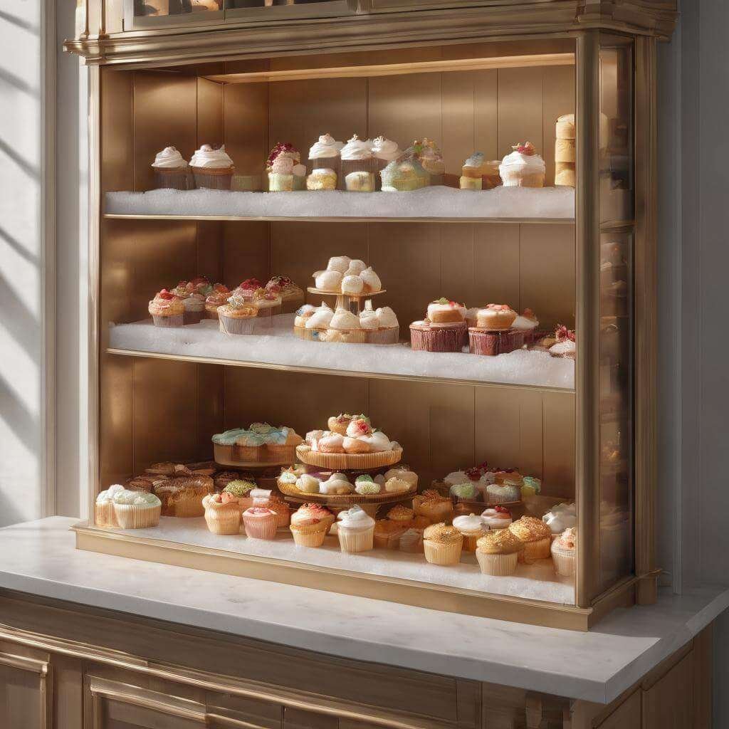 a display case with cupcakes on it