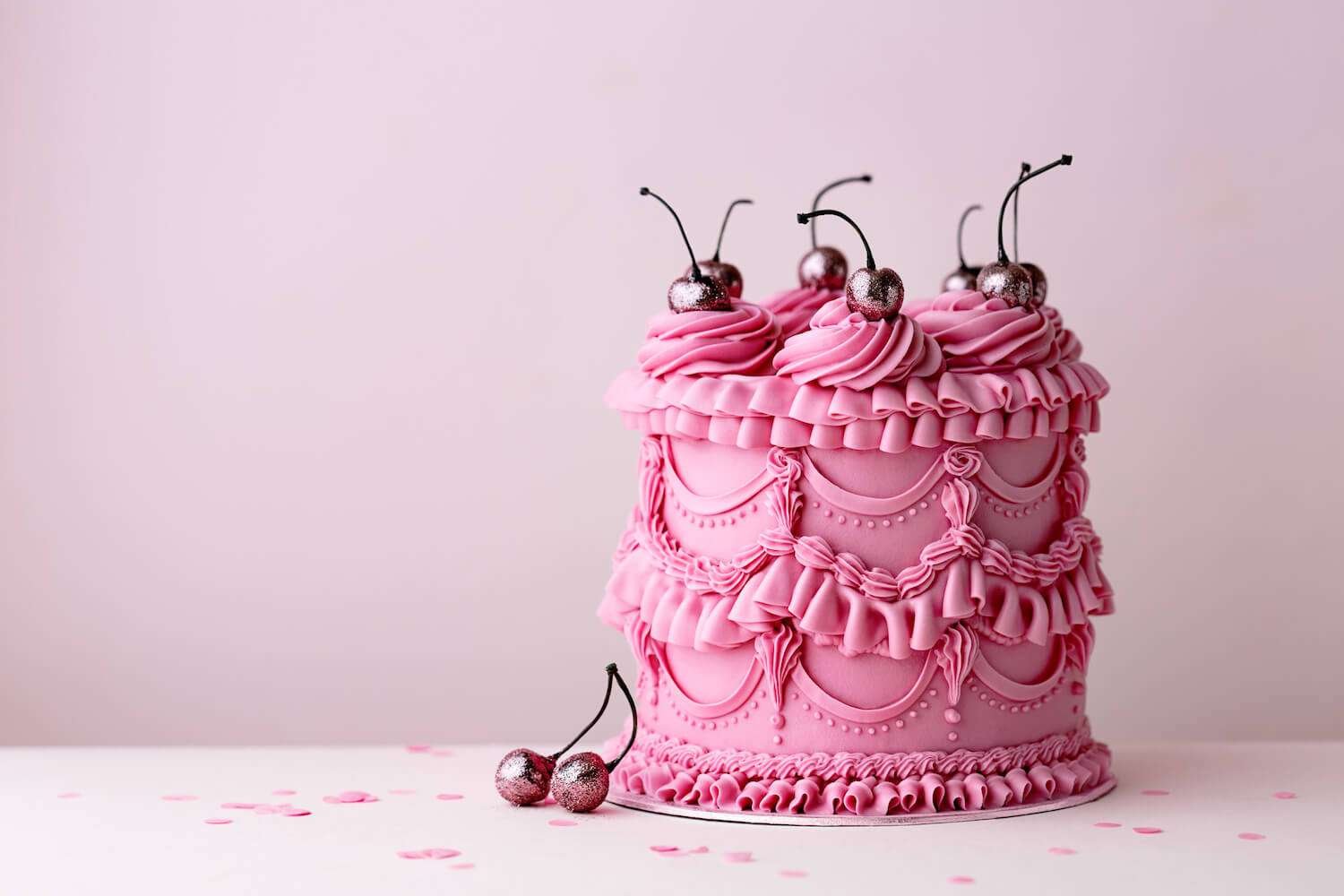 a pink cake with cherries on top