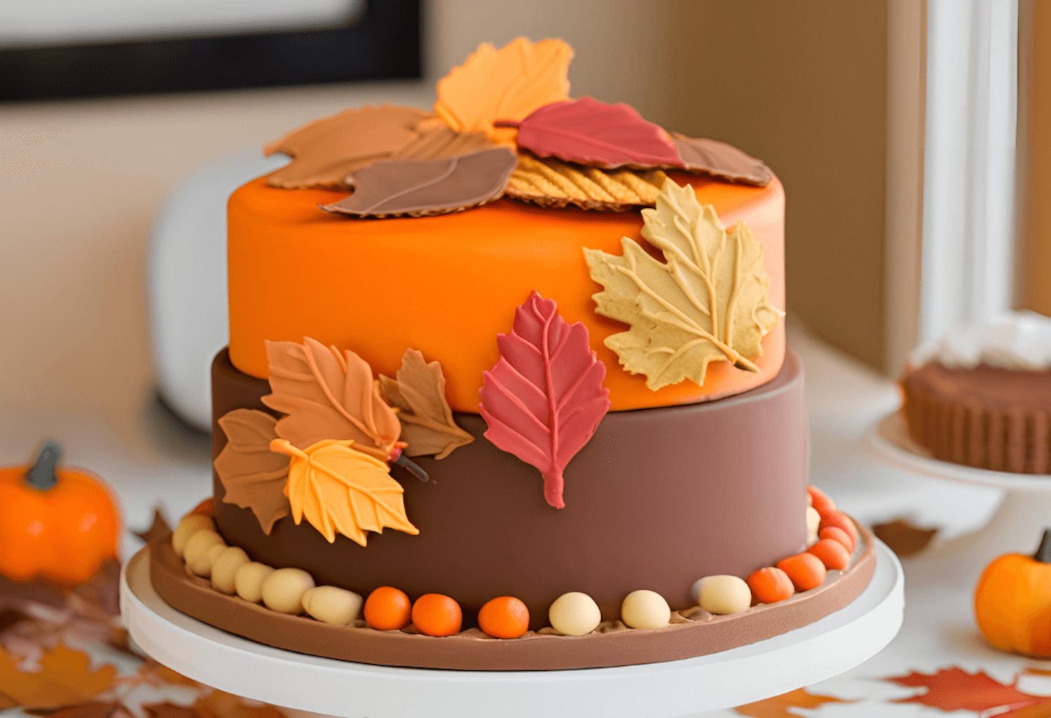 a fall cake with leaves on it