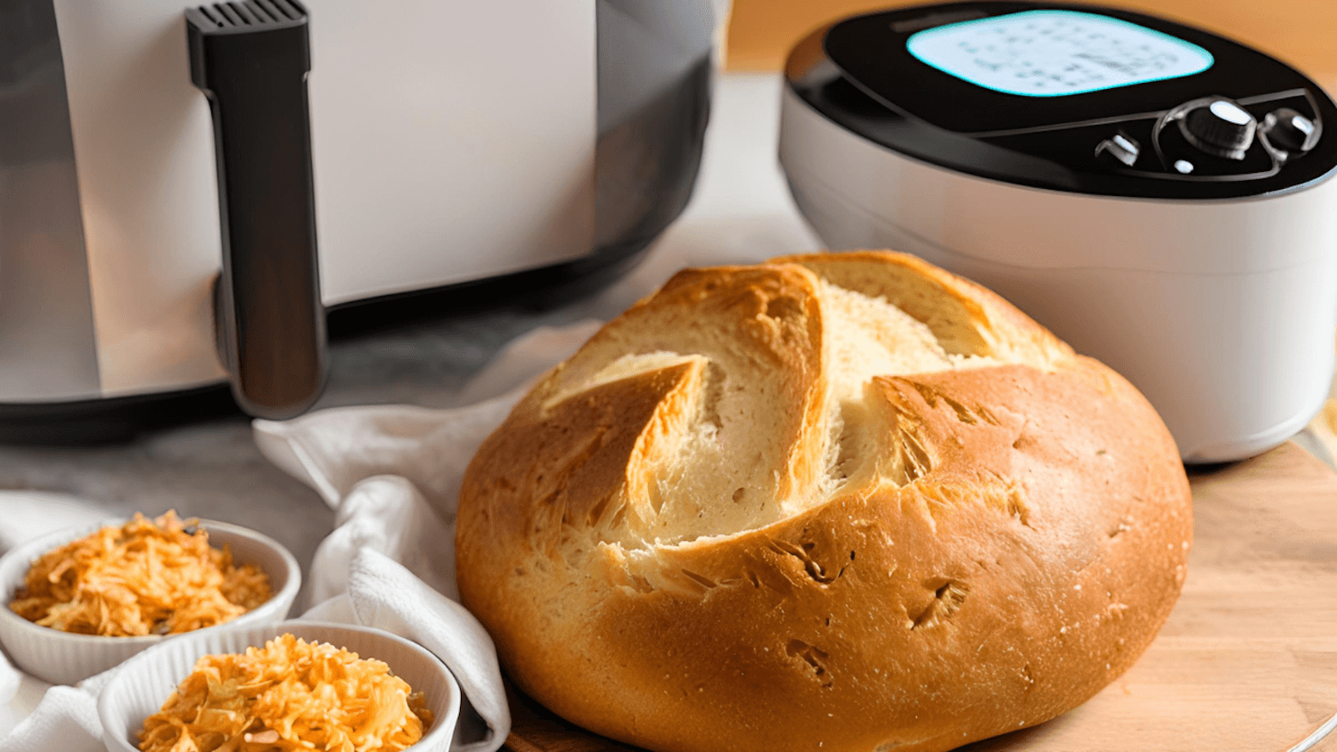 Making Bread in an Air Fryer / Bake Batter & Beyond a loaf of bread next to an airfryer